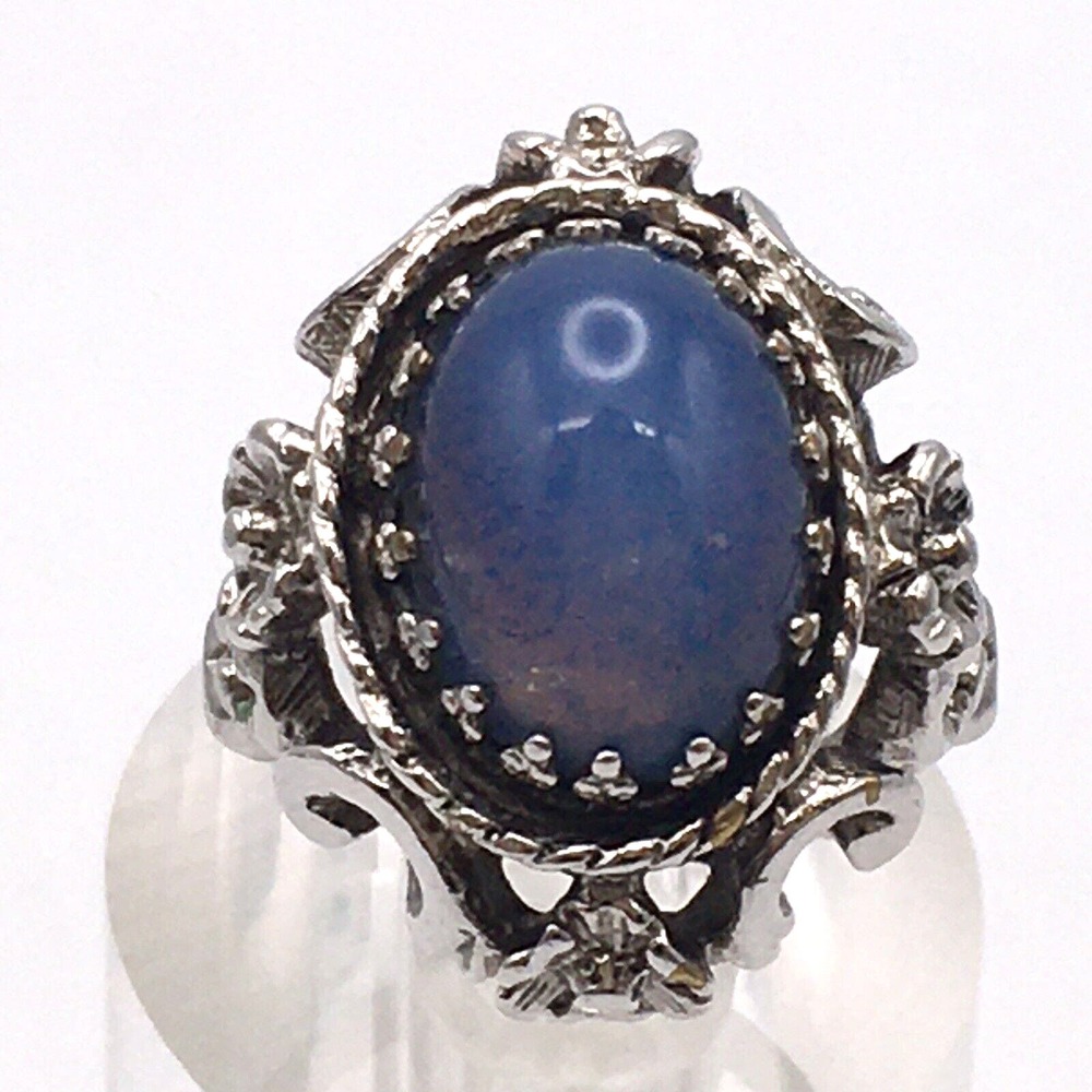 Vintage 18K White HGE Vargas Faux Blue Opal Cocktail Ring Size 6 Silver Tone